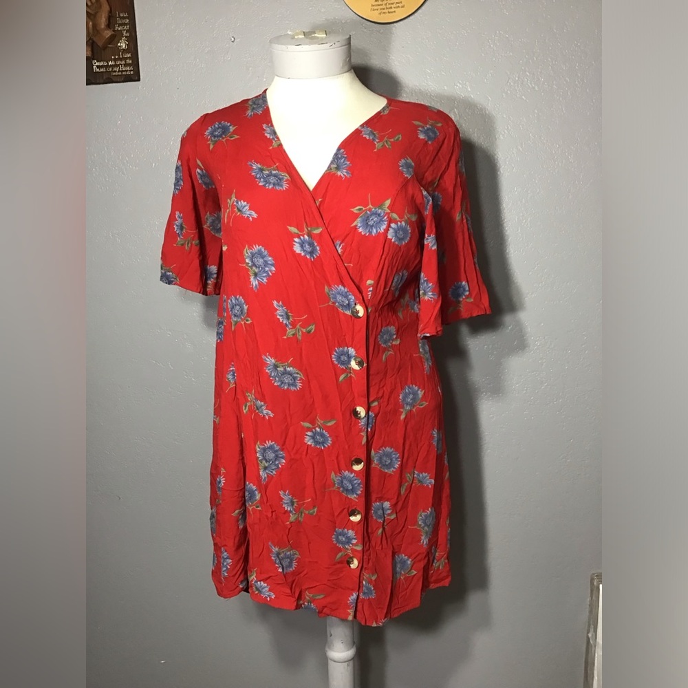 ASOS Wrap Mini Dress Red Floral Size 14  100% Viscose